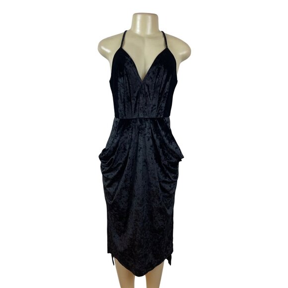 BCBGeneration Black Velvet Halter Midi Dress With Draped Pockets Size S - New - Picture 1 of 11